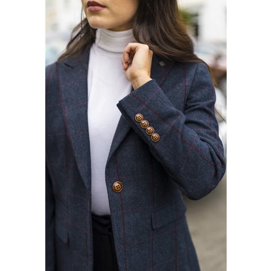 Blazer formal de tweed azul marino de corte entallado para mujer - Image 6