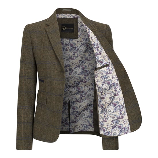 Blazer de tweed entallado en color oliva para mujer con cuadros de espiga - Image 3