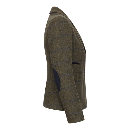 Blazer de tweed entallado en color oliva para mujer con cuadros de espiga - Image 5