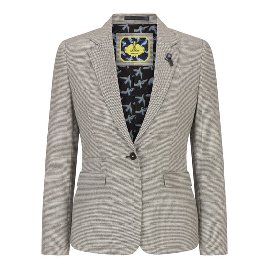 Blazer de mezcla de lana de tweed beige de corte entallado para mujer - Image 1