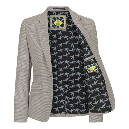 Blazer de mezcla de lana de tweed beige de corte entallado para mujer - Image 3