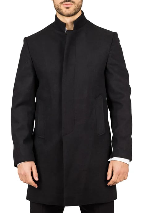 Abrigo de mezcla de lana con cuello alto negro para hombre - Image 1