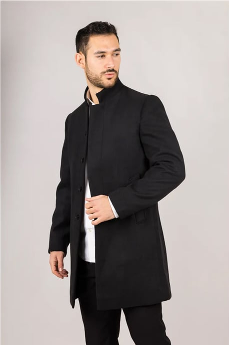 Abrigo de mezcla de lana con cuello alto negro para hombre - Image 4