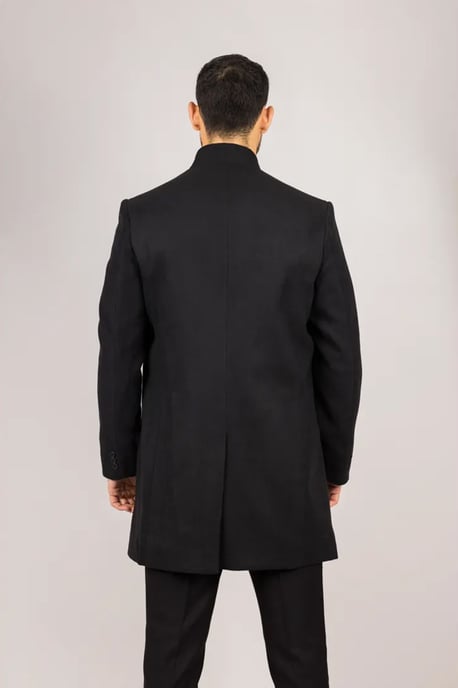 Abrigo de mezcla de lana con cuello alto negro para hombre - Image 6