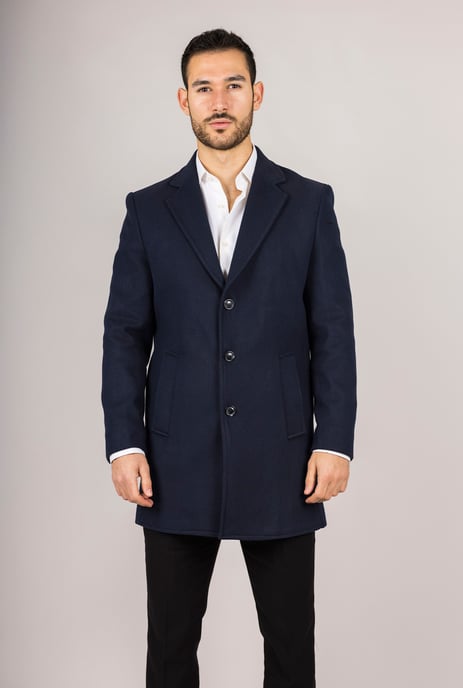 Abrigo de mezcla de lana azul marino con cuello de solapa con muesca para hombre - Image 1