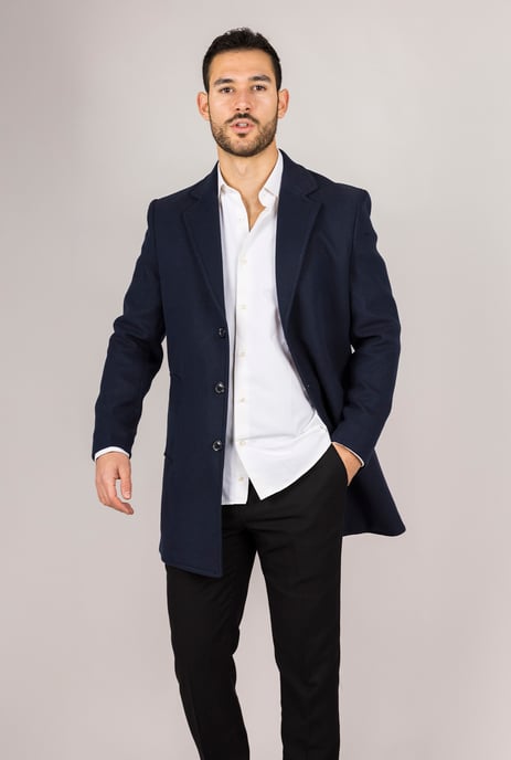 Abrigo de mezcla de lana azul marino con cuello de solapa con muesca para hombre - Image 3