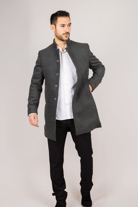 Abrigo de mezcla de lana con cuello alto gris para hombre - Image 3