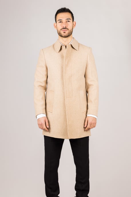 Abrigo beige de cuello clásico de mezcla de lana para hombre - Image 1