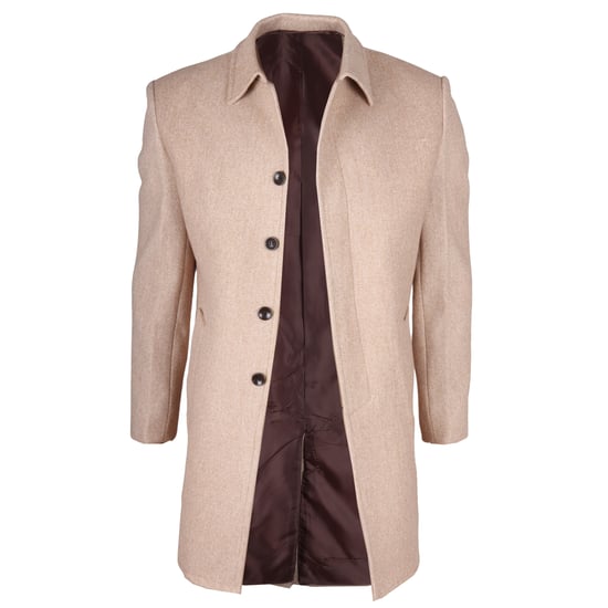Abrigo beige de cuello clásico de mezcla de lana para hombre - Image 2