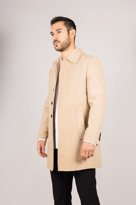 Abrigo beige de cuello clásico de mezcla de lana para hombre - Image 4
