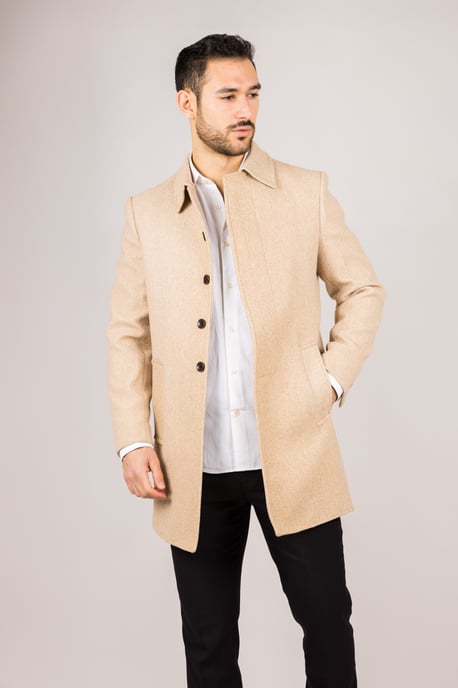 Abrigo beige de cuello clásico de mezcla de lana para hombre - Image 5
