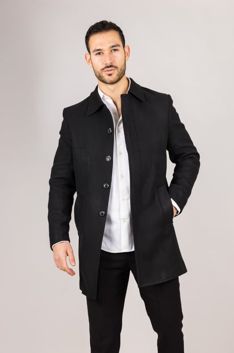 Abrigo negro de cuello clásico de mezcla de lana para hombre - Image 2