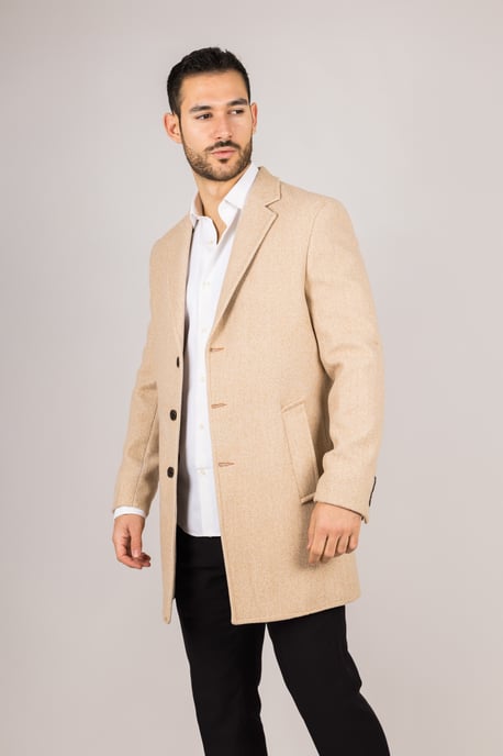 Abrigo beige de mezcla de lana con cuello de solapa con muesca para hombre - Image 3
