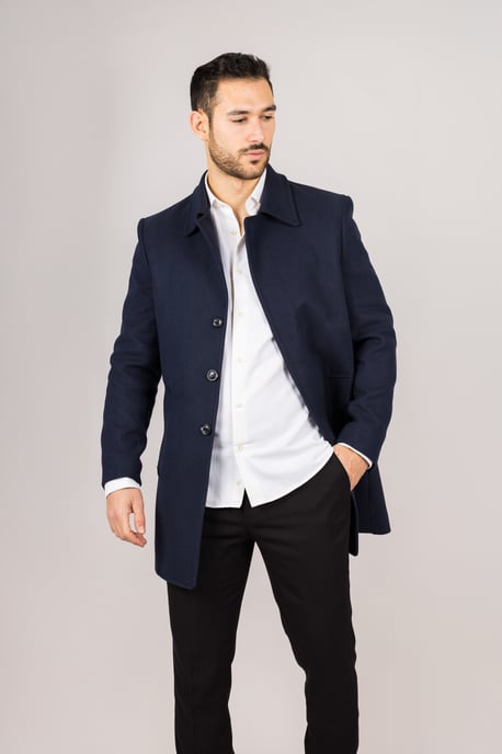 Abrigo azul marino de cuello clásico de mezcla de lana para hombre - Image 3