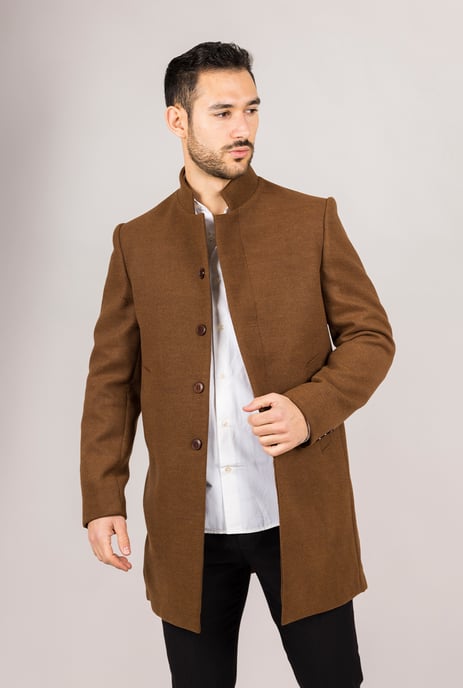 Abrigo de mezcla de lana con cuello alto marrón para hombre - Image 2