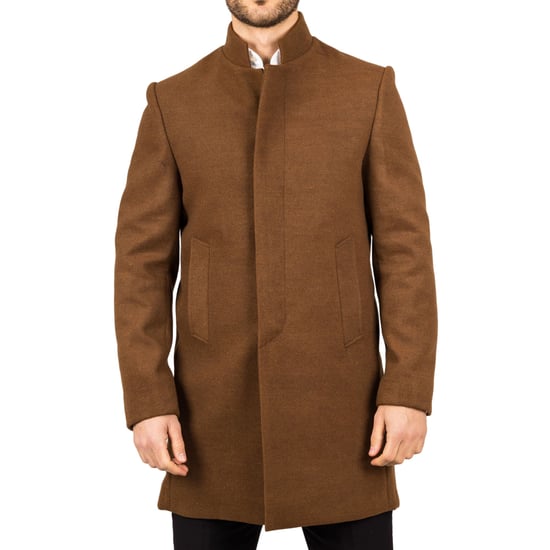 Abrigo de mezcla de lana con cuello alto marrón para hombre - Image 3