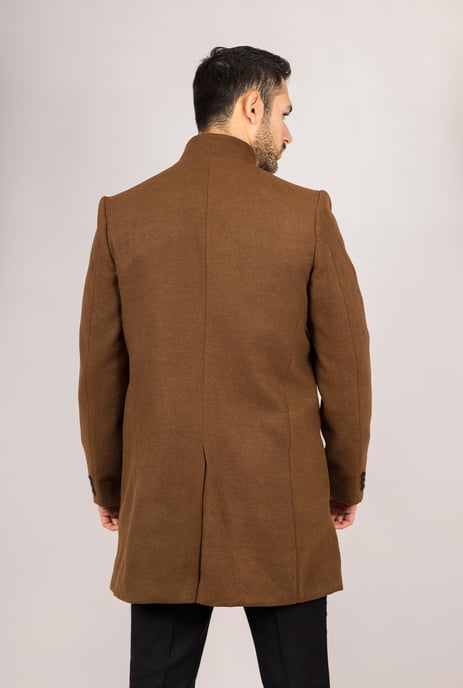 Abrigo de mezcla de lana con cuello alto marrón para hombre - Image 5