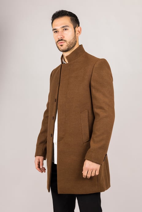 Abrigo de mezcla de lana con cuello alto marrón para hombre - Image 6