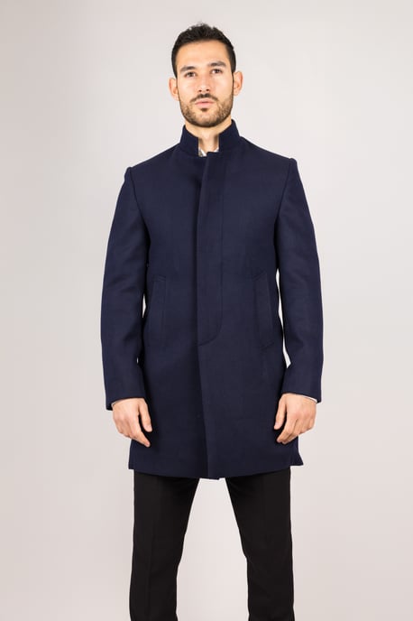 Abrigo de mezcla de lana con cuello alto azul marino para hombre - Image 1
