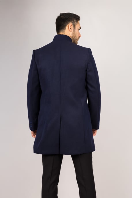 Abrigo de mezcla de lana con cuello alto azul marino para hombre - Image 2