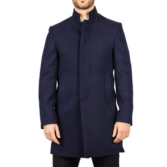 Abrigo de mezcla de lana con cuello alto azul marino para hombre - Image 3