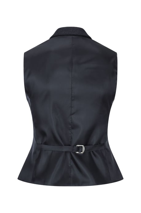 Chaleco de tweed negro con cuadros de espiga para mujer, mezcla de lana - Image 3