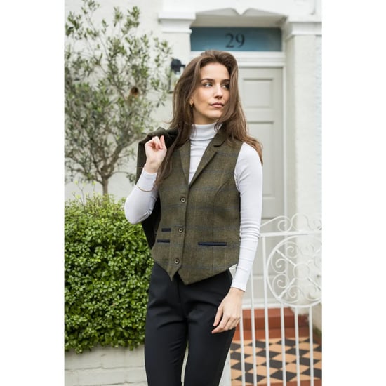 Chaleco de tweed entallado en color oliva para mujer con cuadros de espiga - Image 5