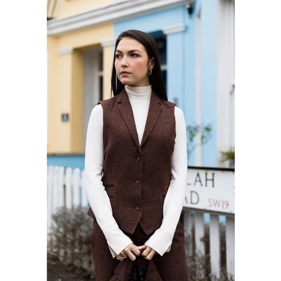 Chaleco de tweed de lana con diseño de espiga en color marrón óxido para mujer - Image 2