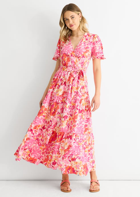 Vestido midi con cinturón y estampado floral rojo - Image 1