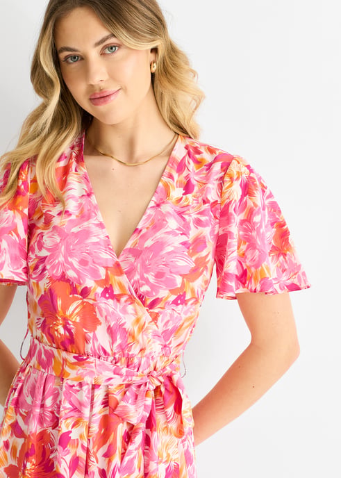 Vestido midi con cinturón y estampado floral rojo - Image 2