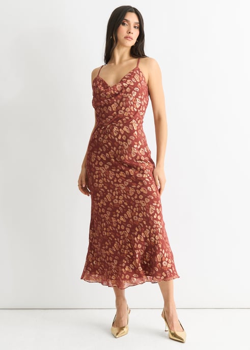 Vestido midi en jacquard animal de viscosa marrón - Image 3