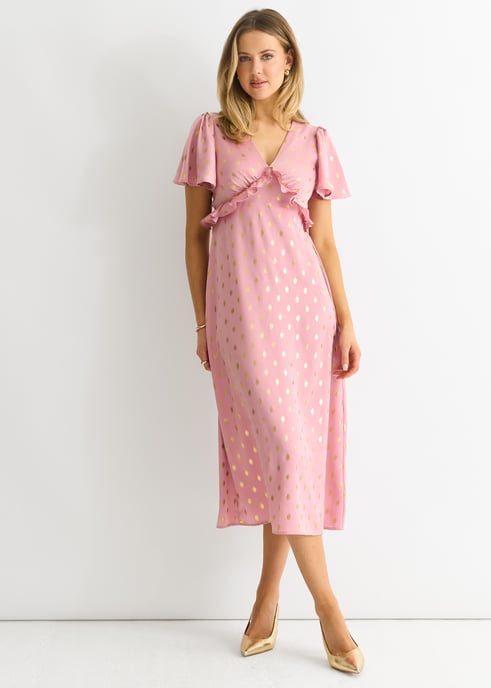 Blush Metallic Foil V Neck Midi Dress - Image 1