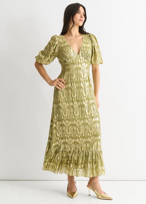 Vestido midi de ocasión en jacquard animal de viscosa verde - Image 3