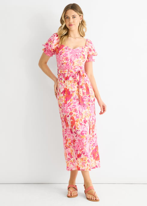 Vestido midi con cinturón y mangas abullonadas de flores rojas - Image 1