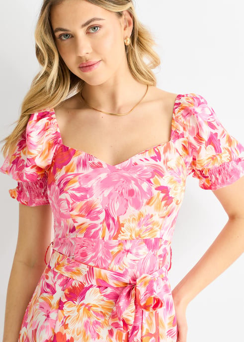Vestido midi con cinturón y mangas abullonadas de flores rojas - Image 2