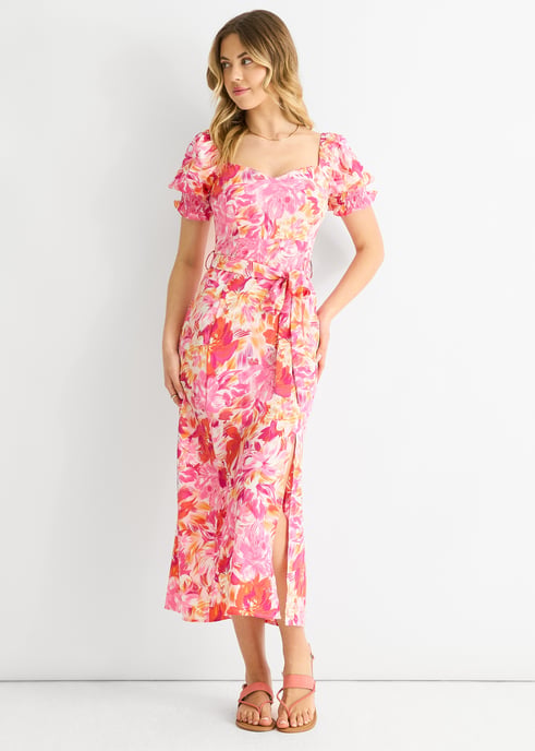 Vestido midi con cinturón y mangas abullonadas de flores rojas - Image 3