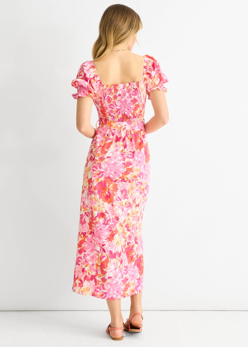 Vestido midi con cinturón y mangas abullonadas de flores rojas - Image 4