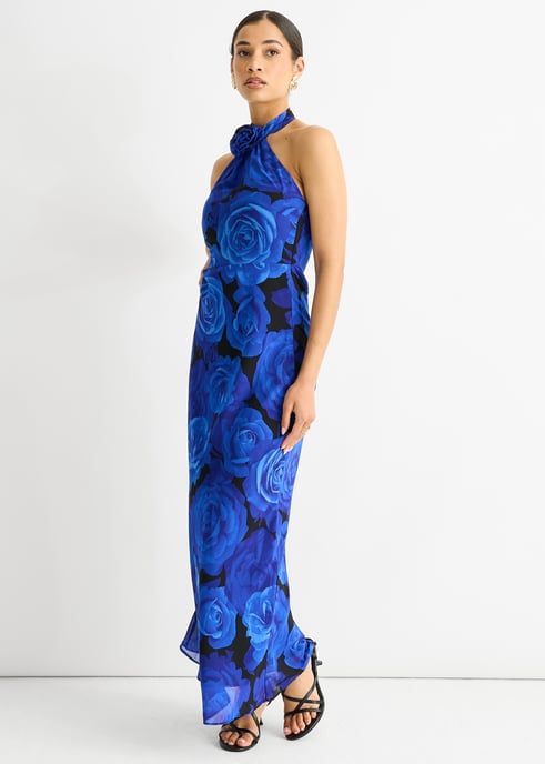 Maxi Vestido Halter Ocasión Floral Azul - Image 3