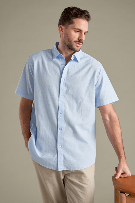Camisa de lino de manga corta - Azul claro - Image 2