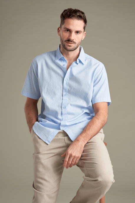 Camisa de lino de manga corta - Azul claro - Image 3