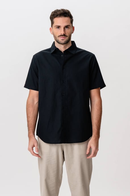 Camisa de lino de manga corta - Negro - Image 4