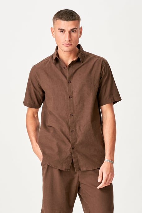 Camisa Lino Manga Corta - Café - Image 1