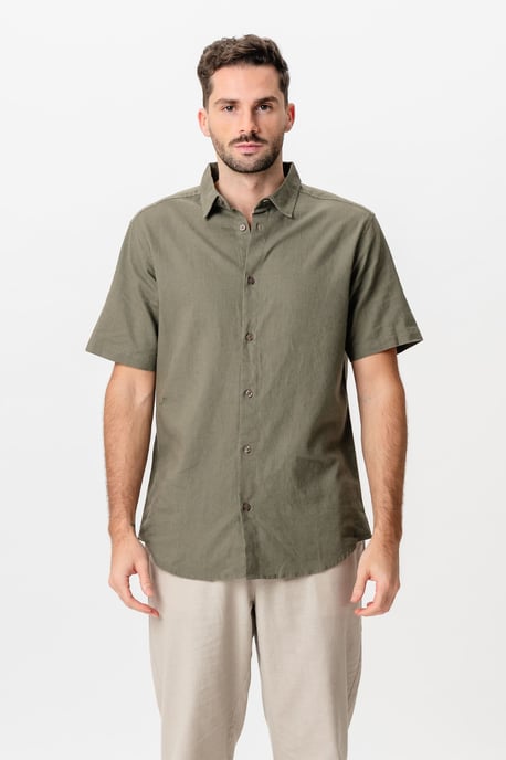 Camisa de lino de manga corta - Ejército - Image 1