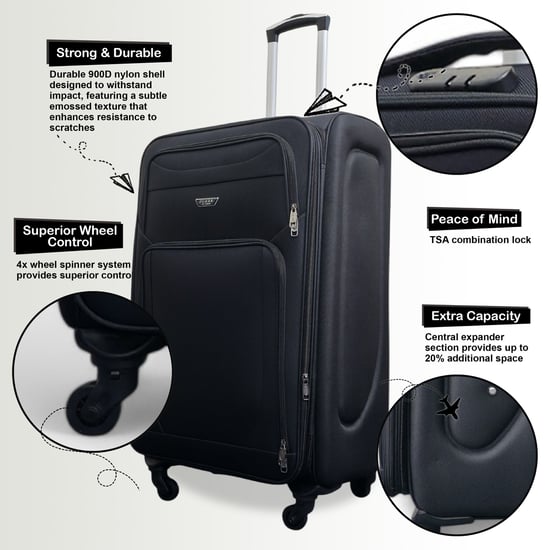 Maleta de viaje ligera de nailon negro con 4 ruedas y carcasa blanda para vacaciones - Image 3