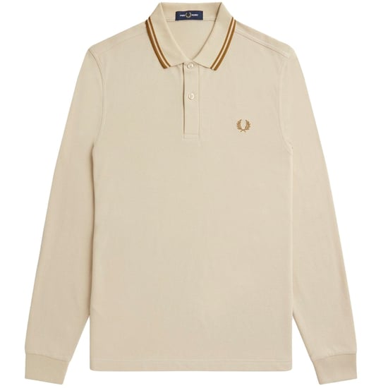 Polo Fred Perry de manga larga con ribete doble en beige avena - Image 1
