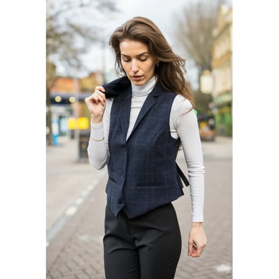 Conjunto de 2 piezas de blazer formal de tweed con corte entallado azul marino para mujer - Image 4