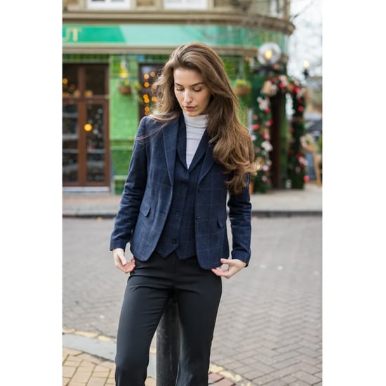 Conjunto de 2 piezas de blazer formal de tweed con corte entallado azul marino para mujer - Image 5
