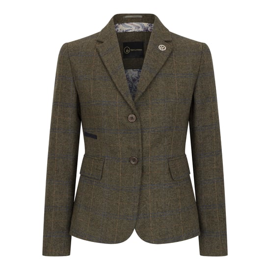 Conjunto de dos piezas para mujer, blazer de tweed y chaleco con cuadros de espiga en color oliva - Image 2