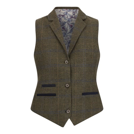 Conjunto de dos piezas para mujer, blazer de tweed y chaleco con cuadros de espiga en color oliva - Image 3