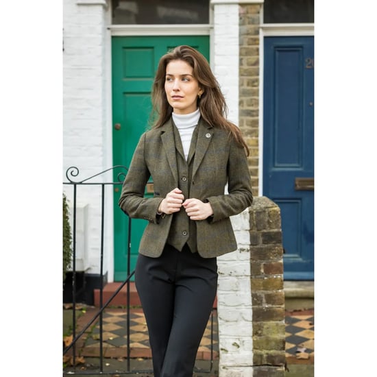 Conjunto de dos piezas para mujer, blazer de tweed y chaleco con cuadros de espiga en color oliva - Image 5